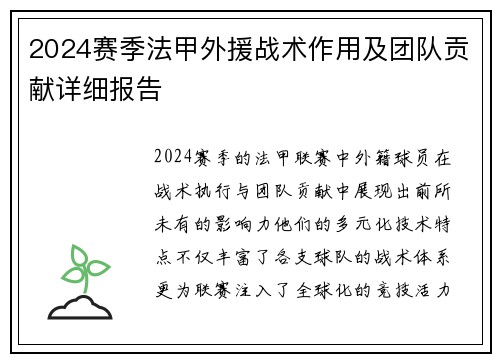 2024赛季法甲外援战术作用及团队贡献详细报告